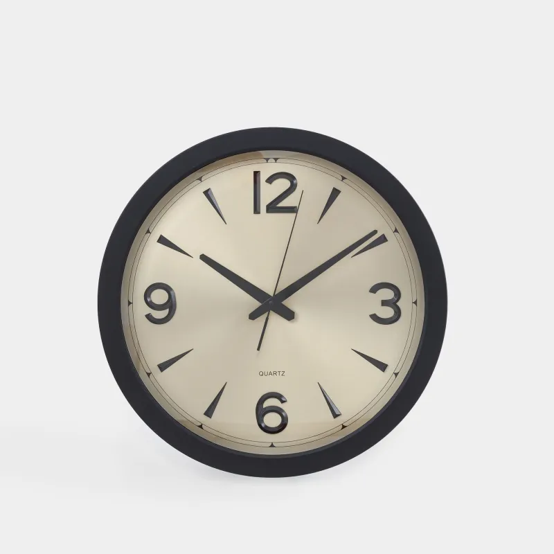 Wall clock, 40 cm, plastic/ glass, round, golden black, Dial
