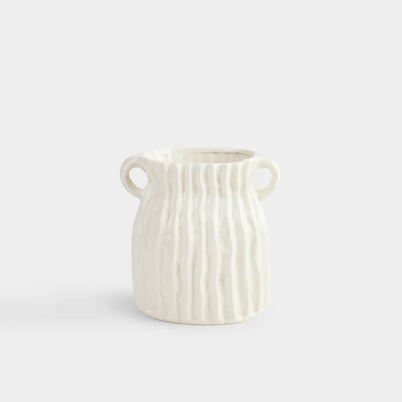 Flower vase, 18 cm, with handles, ceramic, White, Textured lines, Wavy