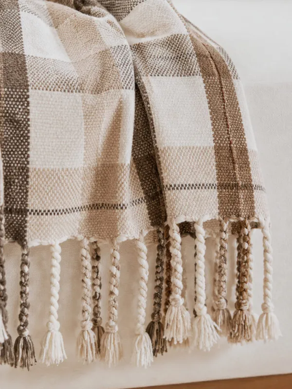 Plaid, 130x170 cm, fringed, chenille, beige-brown, Checkered, Hazel, image-2