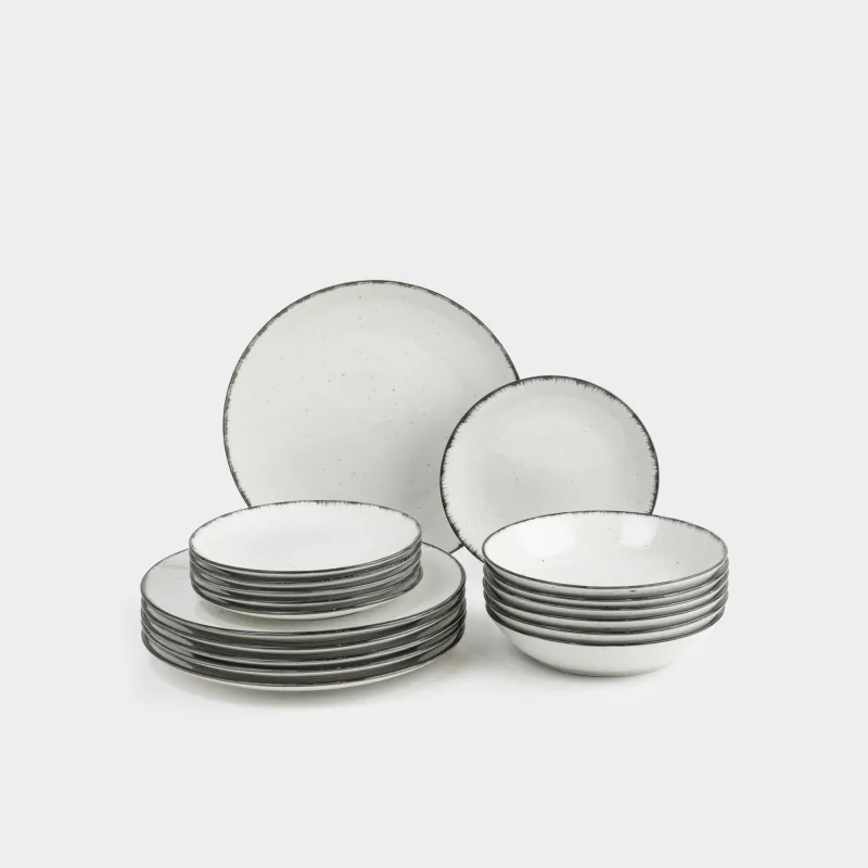 Dining set, 6 pers., 18 pr., ceramic, white-grey, speckled, Roxas
