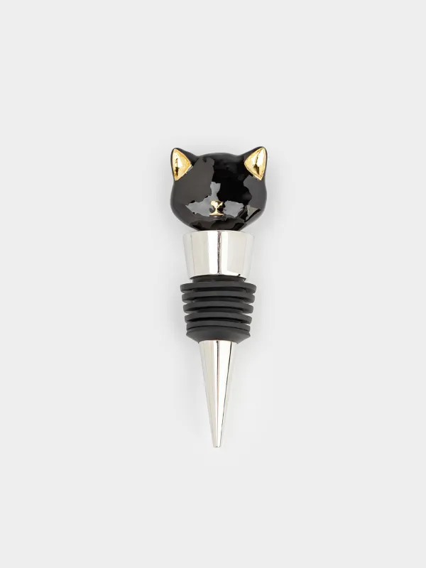 Wine bottle stopper, 9 cm, metal / glass, black, Cat, Cat, image-0