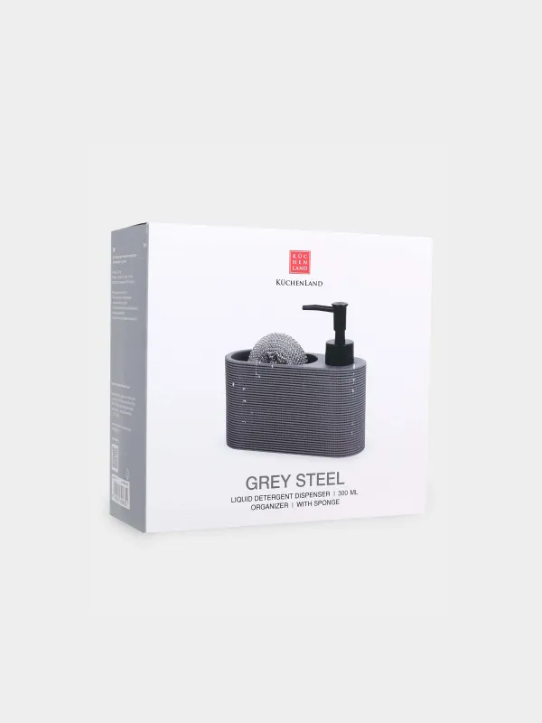 Detergent dispenser, 250 ml, organizer, with sponge, polyresin / plastic, Grey, Grey steel, image-4