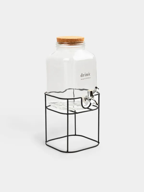 Beverage dispenser, 3 L, on a stand, Glass / cork / metal, Clear font, image-0