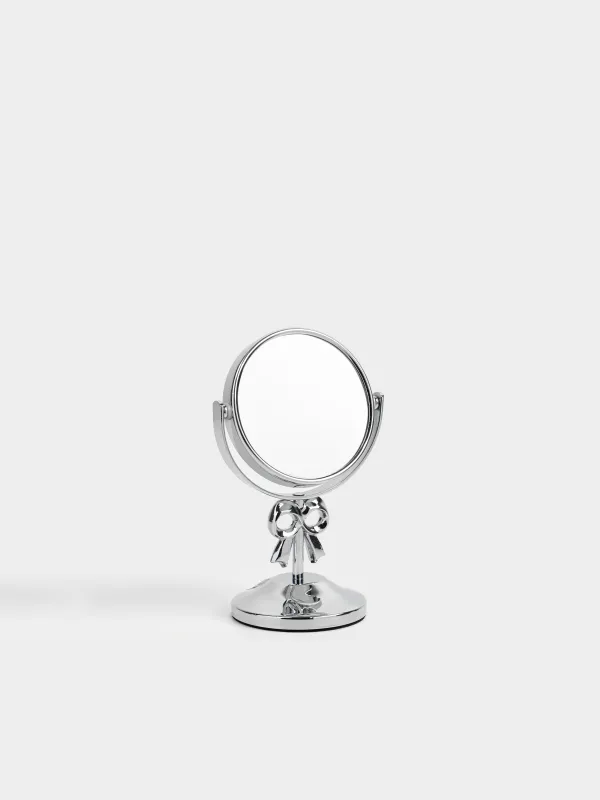 Table mirror, 16x9 / 7 cm, double-sided, on a leg, metal, round, silver, Fantastic, image-0