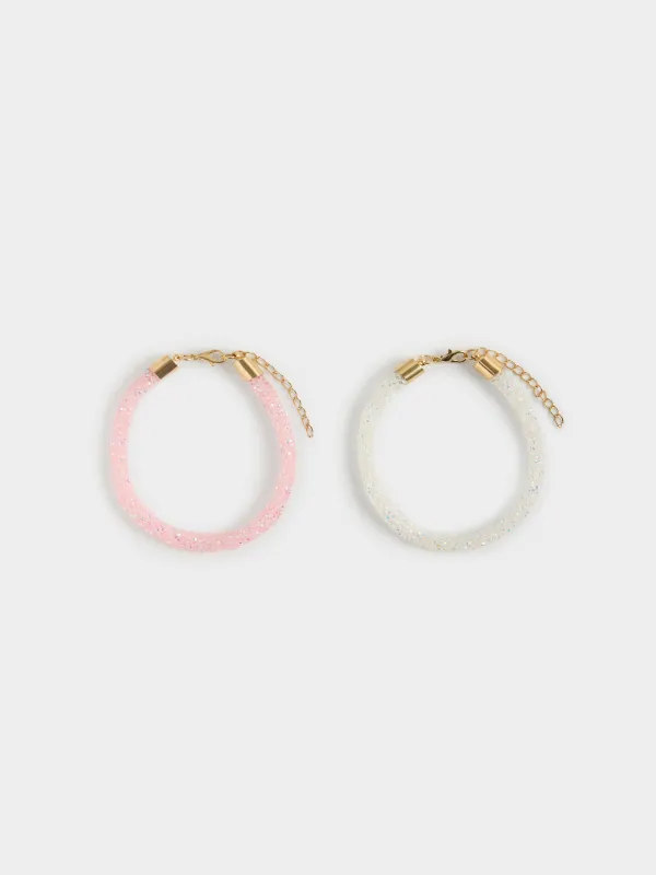 Bracelets set, 8 cm, 2 pcs, white/pink, Crystals, Jewelry, image-0