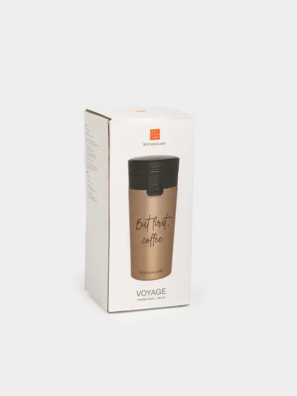 Thermo mug, 380 ml, steel / plastic, gold, matte, But first, cofee, Voyage, image-4