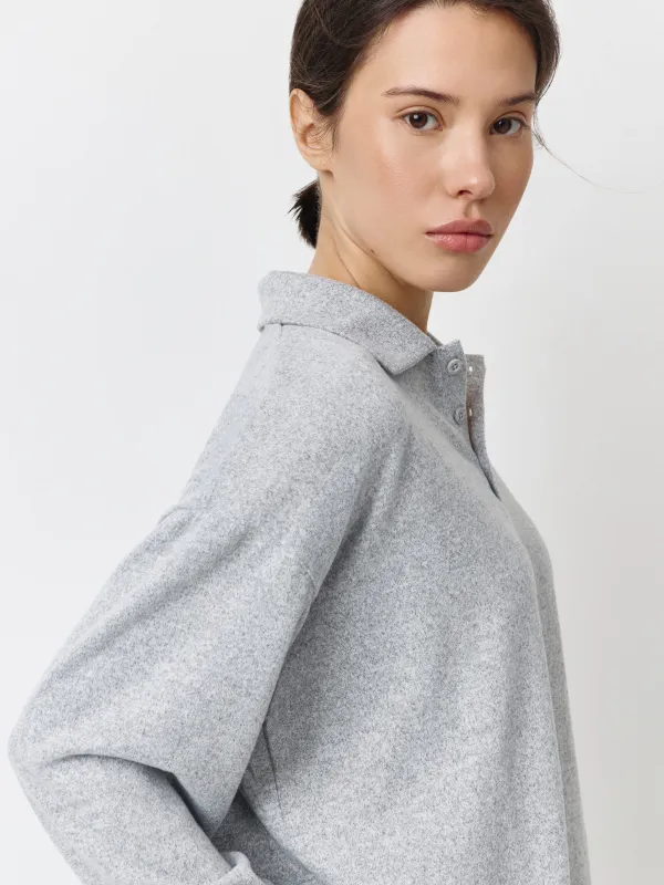 Women's jumper, homewear, size L, with polo collar, polyester/spandex, grey, Bertha, image-0