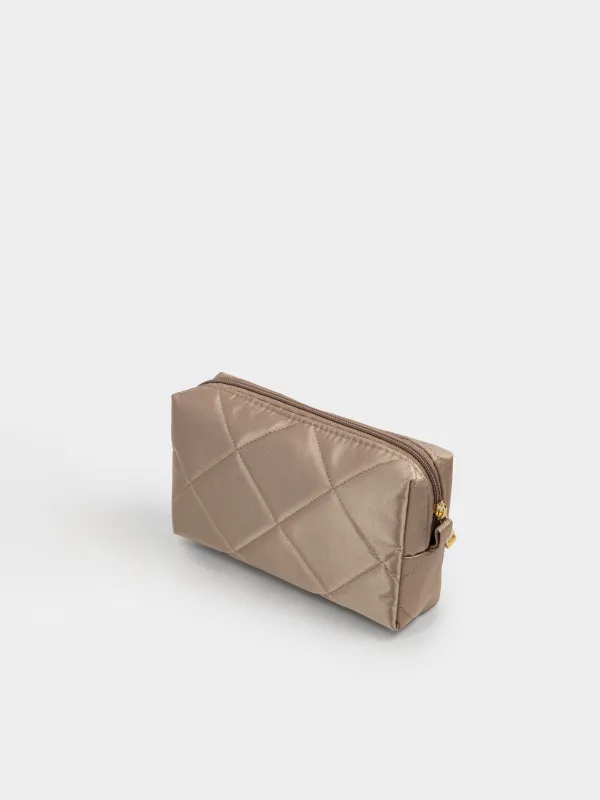 Makeup bag, 20x10 cm, quilted, satin, beige, Quilted silk, image-5