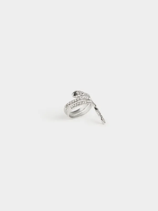 Ring, Size S-M, single size, Metal / rhinestones, Silver, Snake, Jewelry crystal, image-1