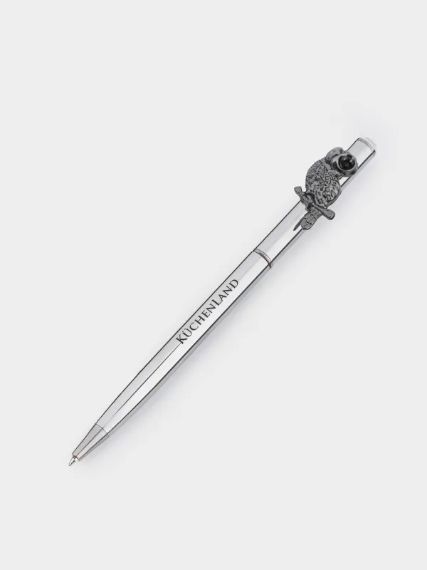 Ballpoint pen, 14 cm, with a figure, steel, black and silver, Owl, Draw figure, image-1