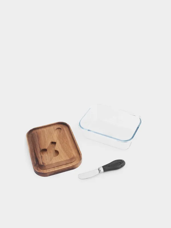 Butter dish, 18 cm, with knife, wood/glass / steel, rectangular, Noble tree, image-4