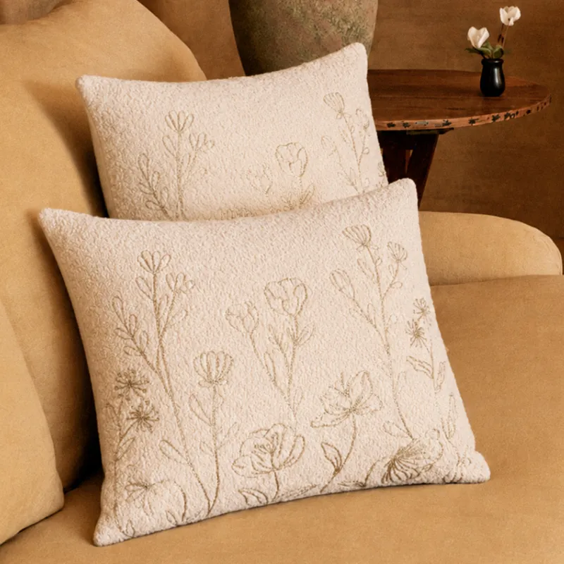 Decorative pillow, 45x45 cm, boucle/velvet, milky, wildflowers, Boucle