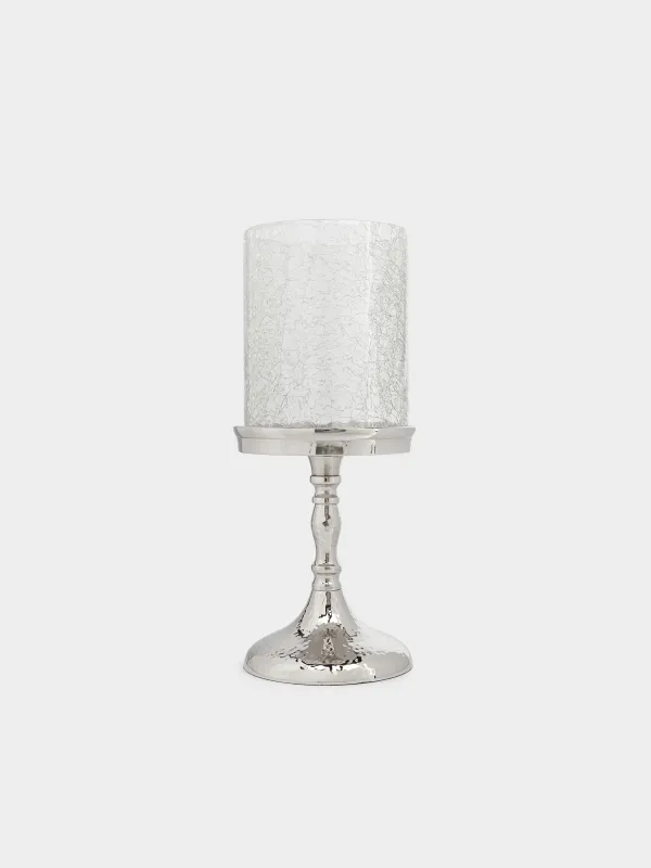 Candle holder, 26 cm, on a leg, glass / metal, silver, Craquelure, Fantastic R, image-1