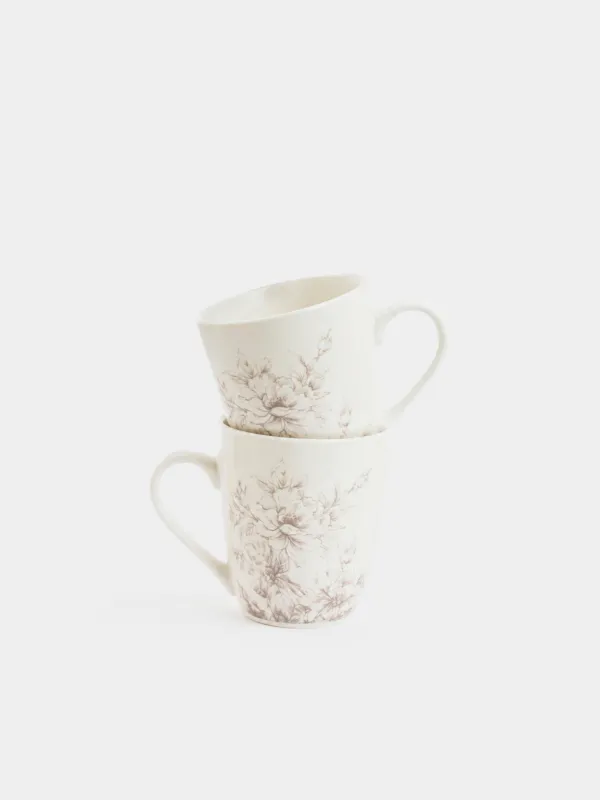 Mug, 350 ml, 2 pcs, porcelain P, white, Beige flowers, Maleo, image-0