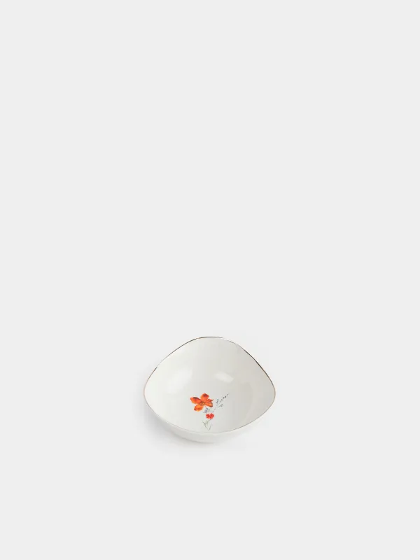 Bowl, 14x5 cm, porcelain N, white, with golden edging, Wildflowers, Yarrow, image-0