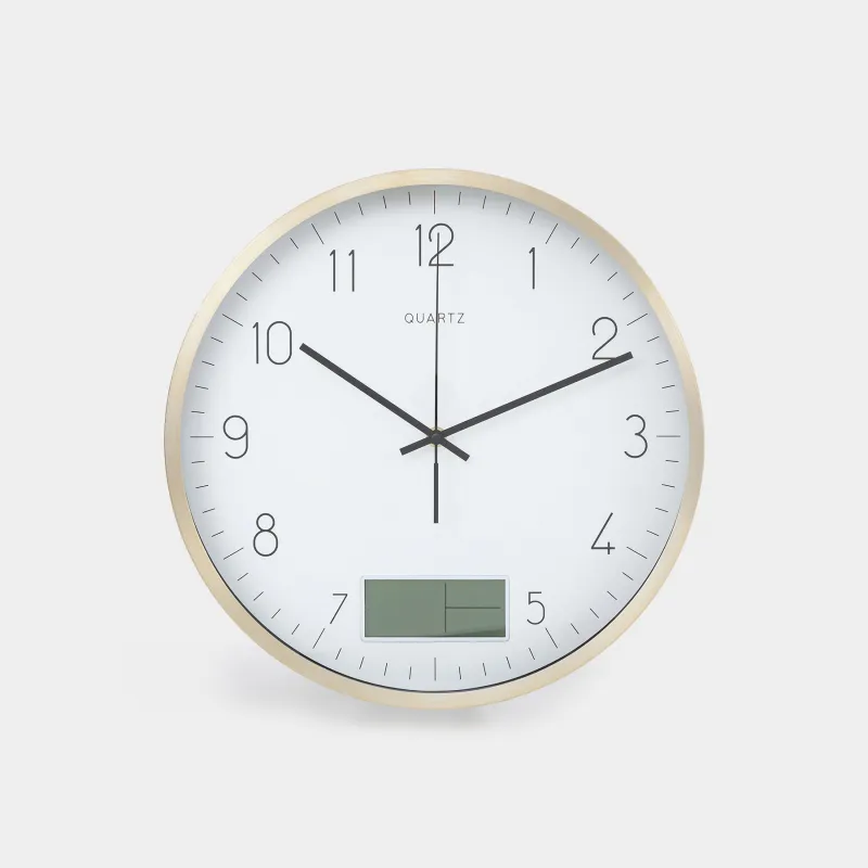 Wall clock, 35 cm, with display, metal / glass, round, golden white, Dial