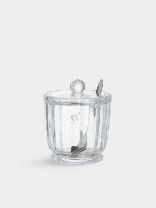 Sugar bowl, 12 cm, 370 ml, with spoon, glass R / steel, Honey, image-0