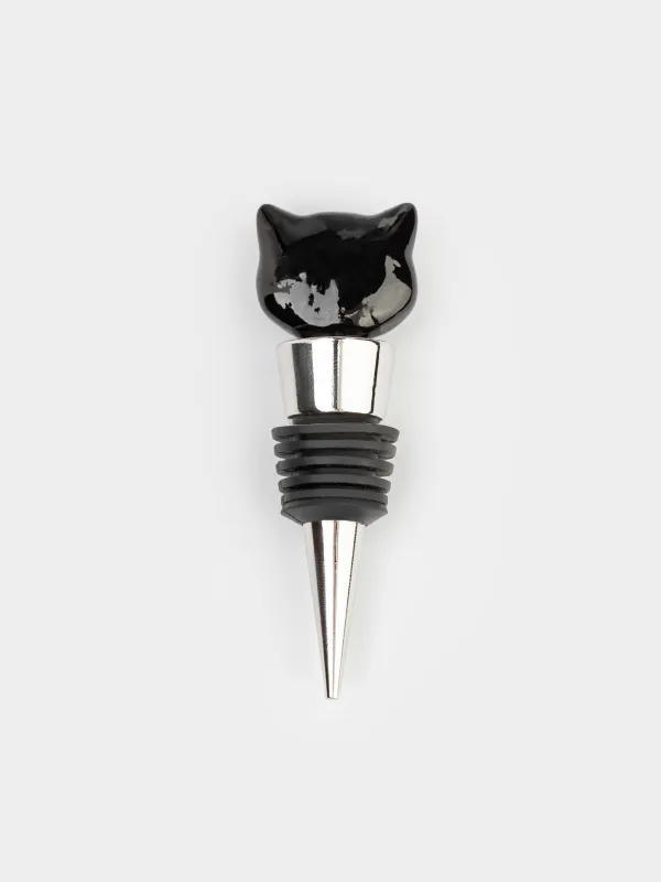 Wine bottle stopper, 9 cm, metal / glass, black, Cat, Cat, image-1