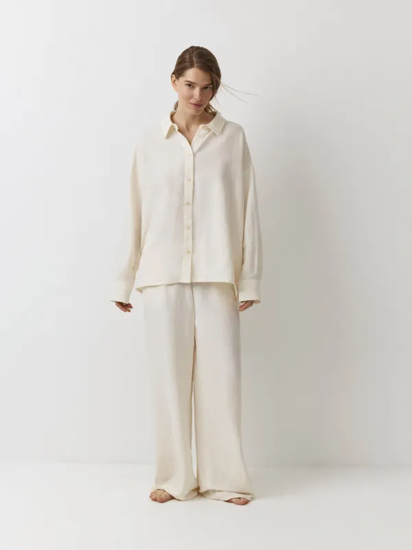 Women's shirt, homewear, size L, with long sleeves, polyester, milky, Marlla, image-1
