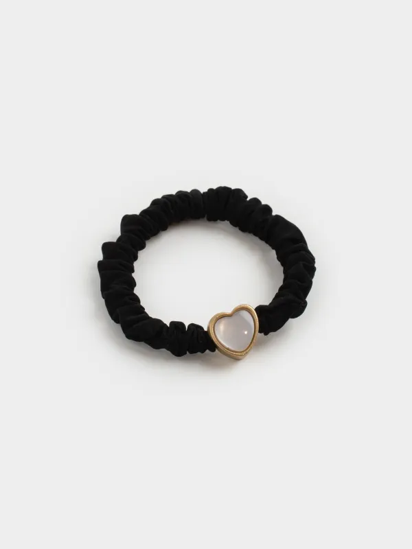 Hair tie, 6 cm, satin/plastic, black, Heart, Silk, image-1