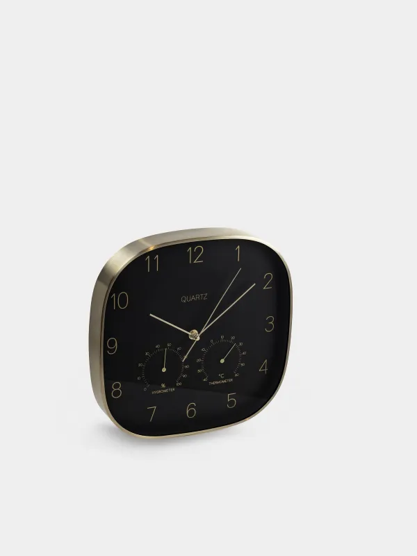 Wall clock, 30 cm, with thermometer and hygrometer, metal / glass, black, Dial, image-1