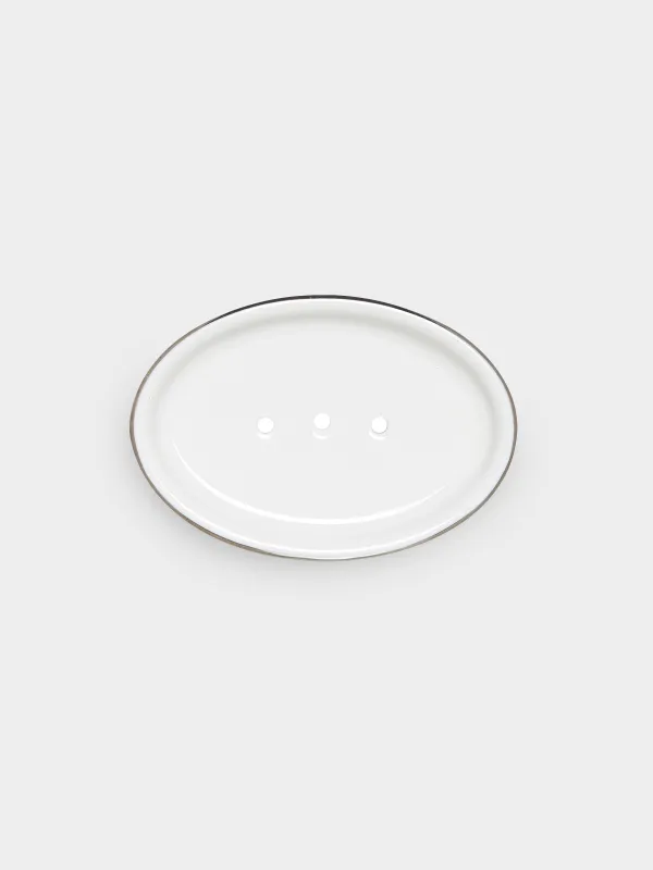 Soap dish, 13x9 cm, ceramic, oval, white, with silver edging, Kaliopa, image-1