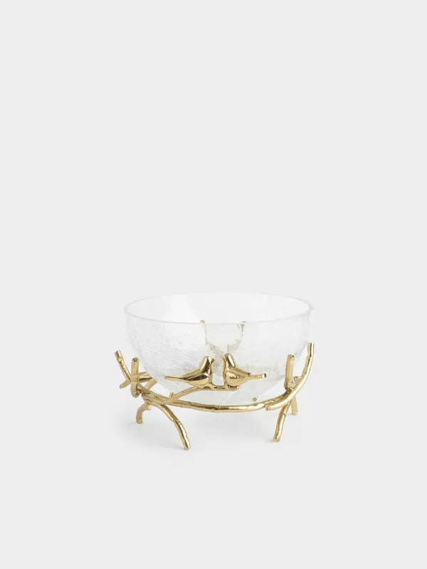 Deep dish, 21x9 cm, on a stand, glass / metal, golden, Birds, Fantastic gold, image-0