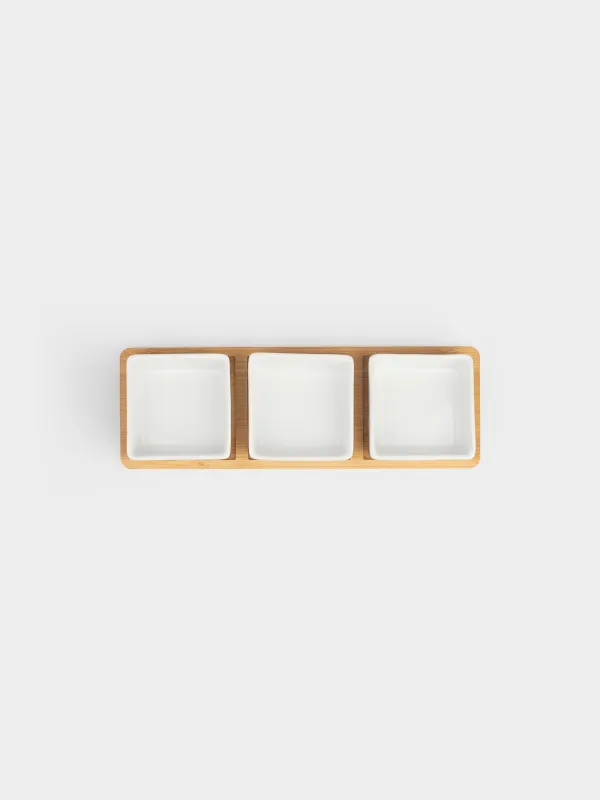 Snack set, 3 items, on a stand, ceramic / bamboo, square bowls, Bamboo, image-6