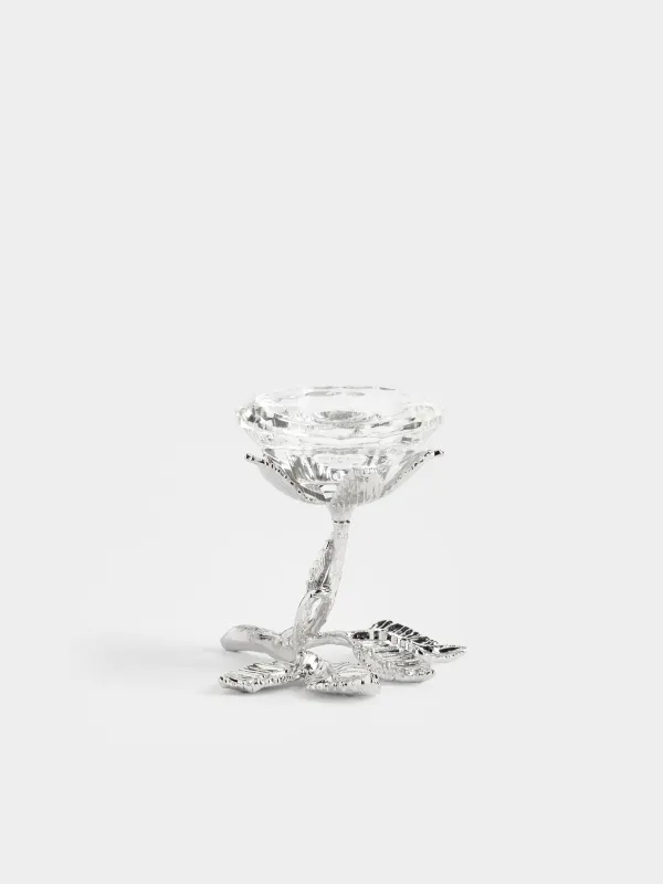 Candlestick, 9 cm, for tea / thin candle, on a leg, crystal glass / metal, Flower, Diamond, image-0