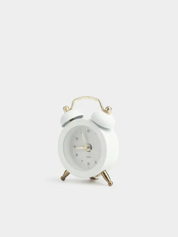 Alarm clock, 8 cm, on legs, metal / glass, round, white and gold, Retro, Dial, image-2