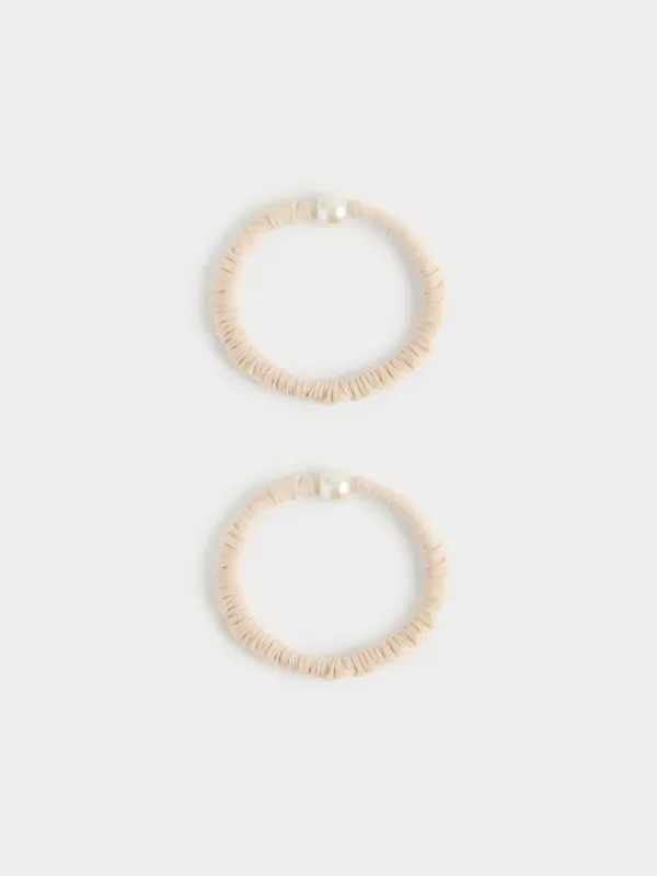 Hair tie, 5 cm, 2 pcs, polyester / plastic, beige, Pearl, Pearl hair, image-0