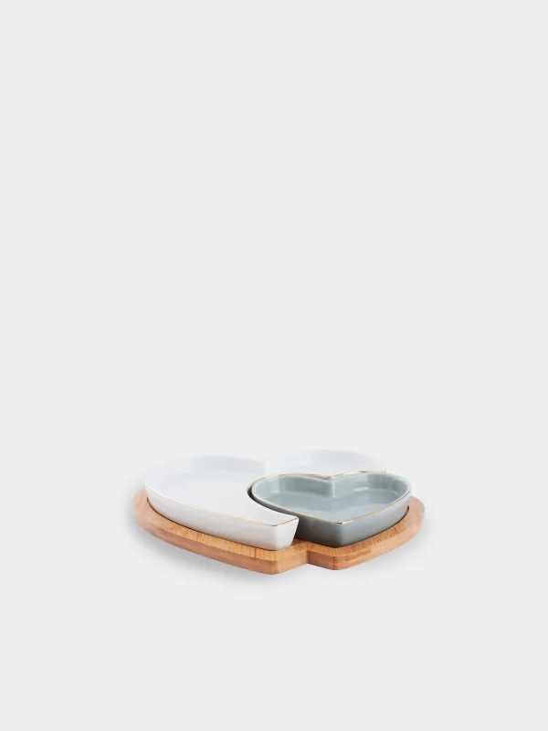 Snack set, 26x22 cm, 2 compartments, collapsible, on a stand, porcelain P / bamboo, white / grey, Heart, image-1