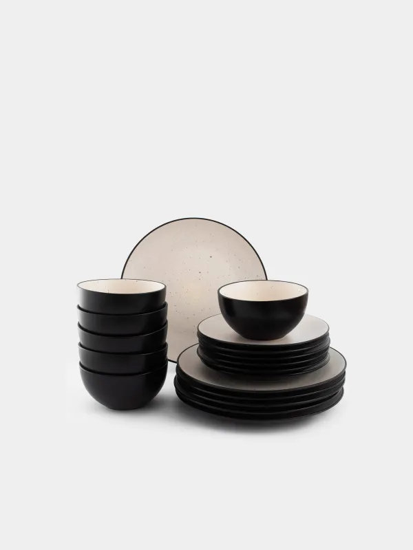 Dinner set, 6 persons, 18 ave, ceramics, black and white, speckled, Isernia, image-0