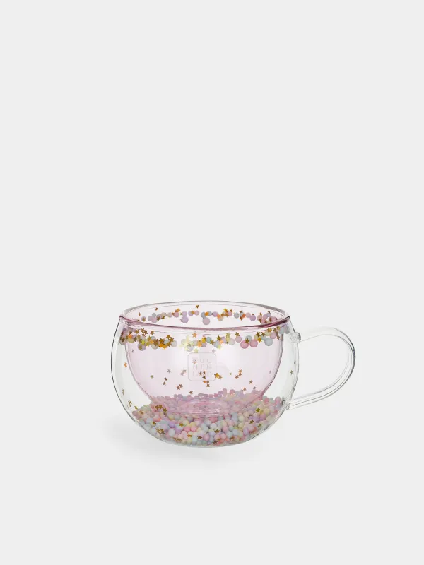 Mug, 270 ml, with balls, glass B, pink, Stars, Air sparkly, image-0