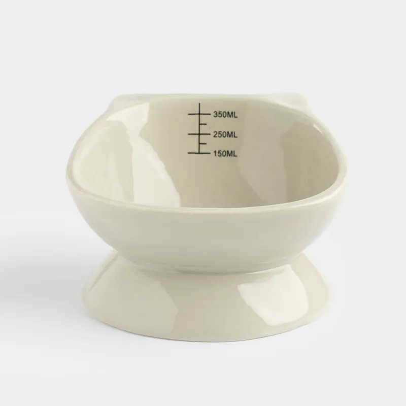 Pet bowl, 13x9 cm, 350 ml, with measuring scale, on a leg, ceramic, grey, Cat, Whiskers