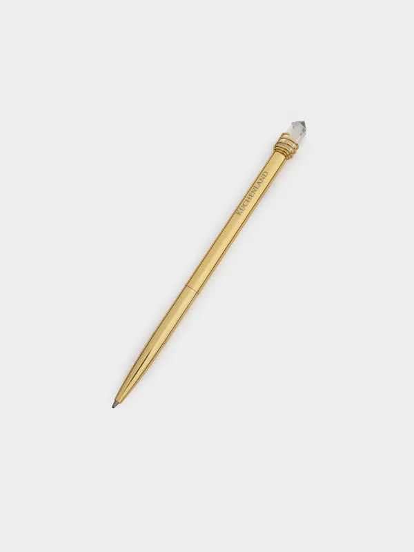 Ballpoint pen, 16 cm, with a figure, metal, gold, Crystal on a spring, Draw figure, image-1