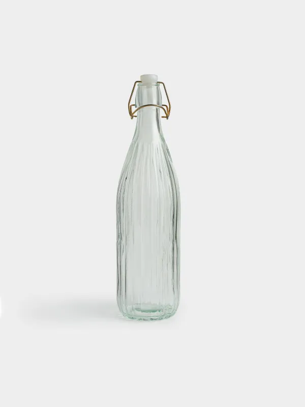 Oil or vinegar bottle, 1 l, with clip, glass R / metal, Ribby gold, image-0