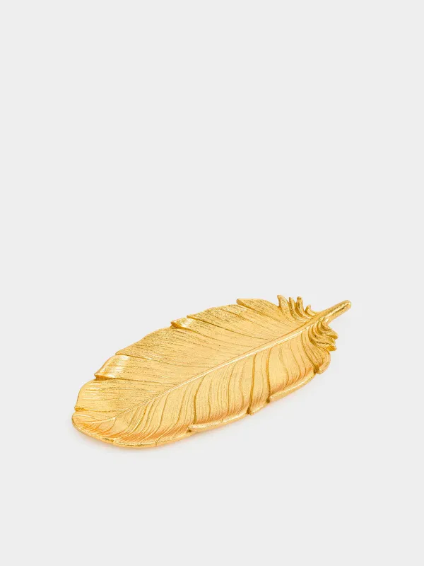 Decorative dish, 36x17 cm, polyresin, golden, Feather, Feather, image-0