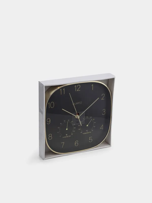 Wall clock, 30 cm, with thermometer and hygrometer, metal / glass, black, Dial, image-5