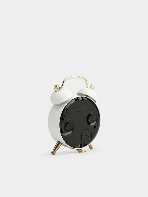 Alarm clock, 8 cm, on legs, metal / glass, round, white and gold, Retro, Dial, image-3