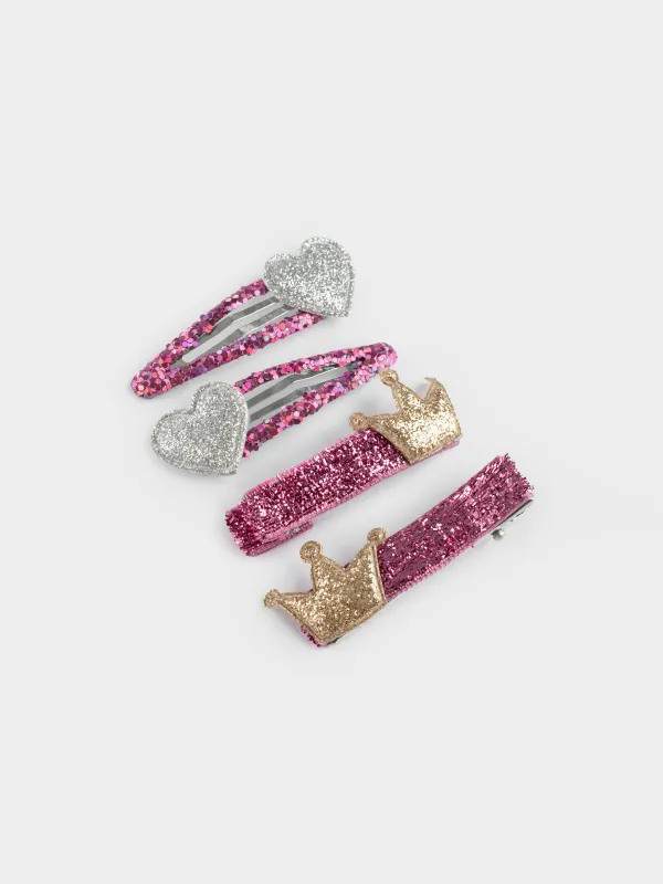 Hair clip set, 5 cm, 4 pcs, children's, plastic / metal, purple, Crown/Heart, Gracile, image-1