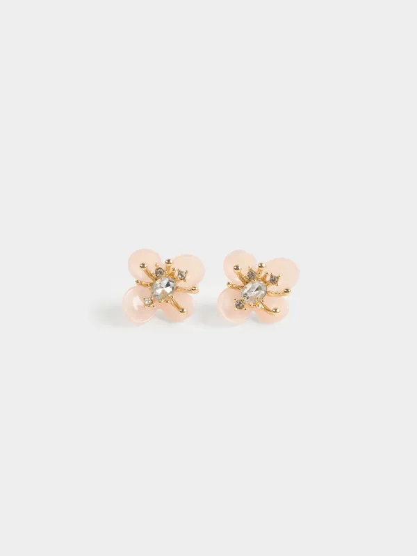 Stud earrings, 3 cm, 2 pcs, metal / zircon/Acrylic, pink, Flower, Jewelry flower, image-0