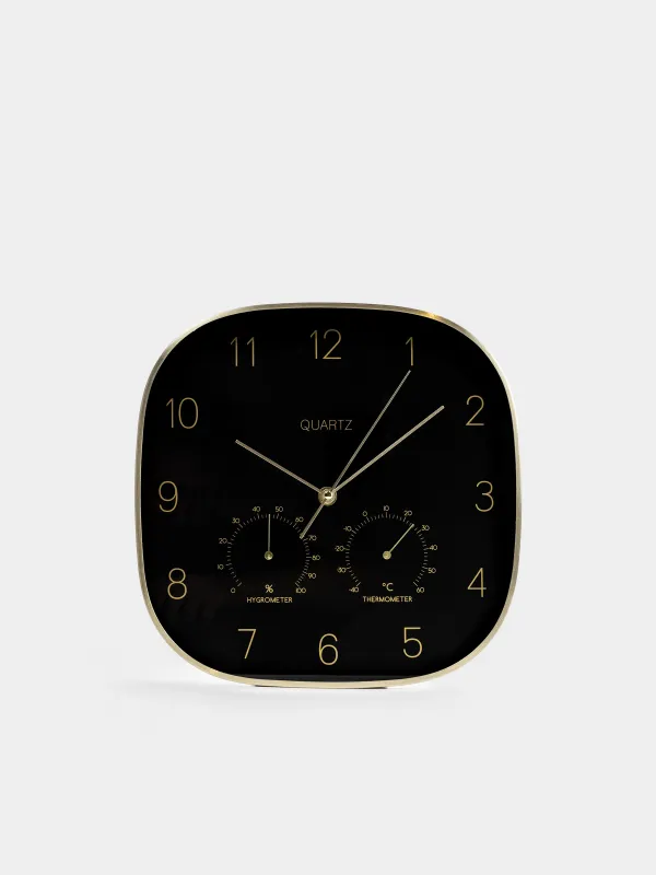 Wall clock, 30 cm, with thermometer and hygrometer, metal / glass, black, Dial, image-0