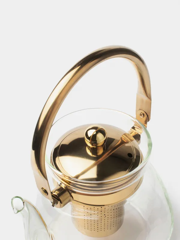 Teapot, 1,3 l, B/steel glass, golden, Classic gold, image-1