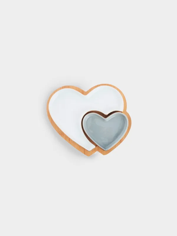 Snack set, 26x22 cm, 2 compartments, collapsible, on a stand, porcelain P / bamboo, white / grey, Heart, image-3