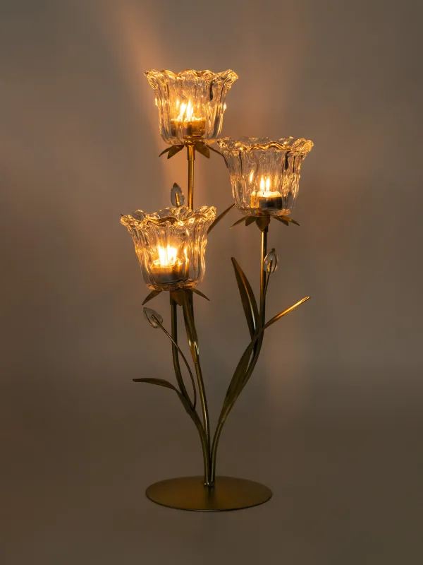Candlestick, 47 cm, 3 tea candles, glass / metal, golden, Flowers, Fantastic flowers, image-4