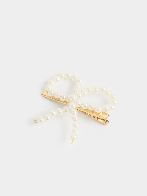 Hair clip, 6 cm, plastic / metal, Pearl bow, Pearl, image-1