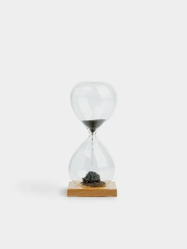 Hourglass, 16 cm, 1 minute, magnetic, stand, glass / wood, grey, Sand time, image-0