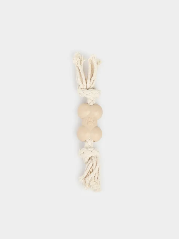 Dog toy, 21 cm, rubber / cotton, Beige, Bone on rope, Playful pet, image-1