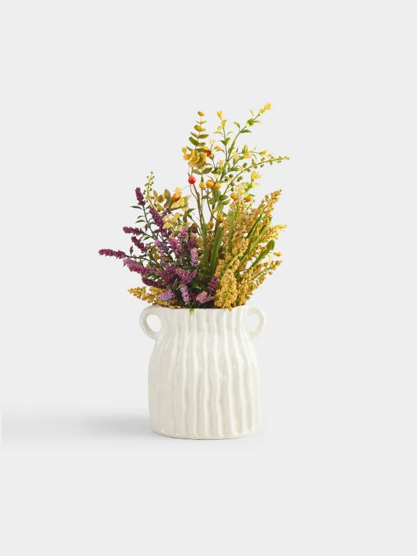 Flower vase, 18 cm, with handles, ceramic, White, Textured lines, Wavy, image-4
